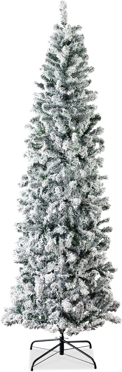 Flocked Pencil Christmas Tree Unlit Slim Artificial Tree with Snowy Finish & Foldable Base